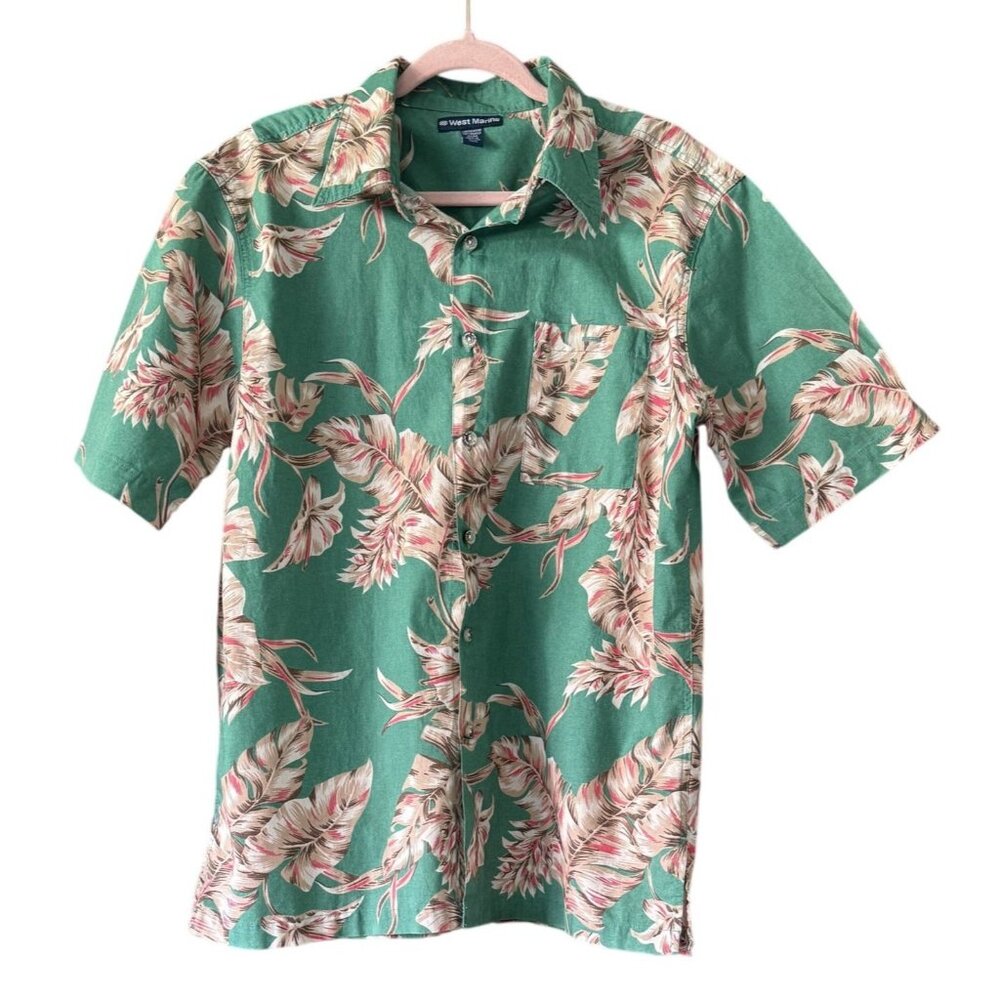 West Marine Mens Green Hawaiian Button-Up Shirt L Cotton Tropical Short Sleeve